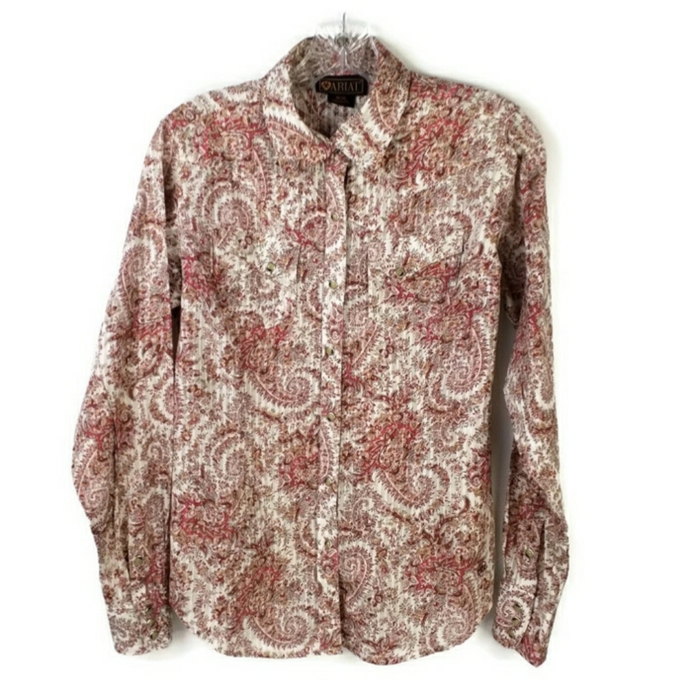 Ariat Soft Orange Paisley Print Long Sleeve Pearl Snap Western Shirt Womens M - Picture 1 of 16